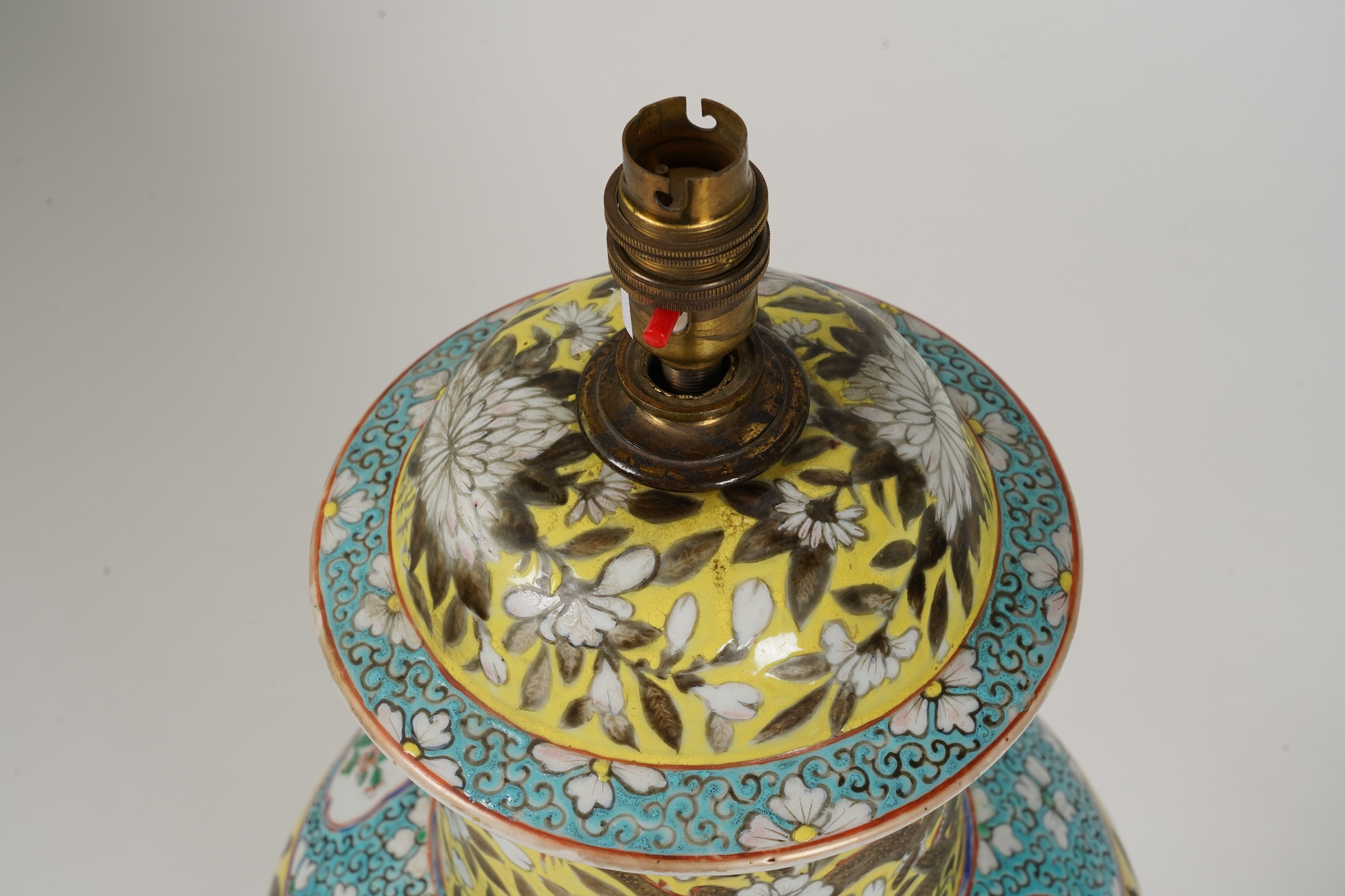 A large Chinese yellow ground ‘dragon’ vase, Guangxu period, mounted as a lamp